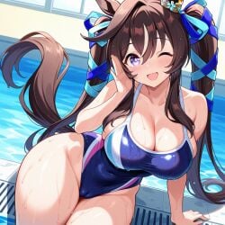 ai_generated animal_ears black_hair blue_eyes female horse_girl long_hair ribbon_in_hair swimsuit twintails umamusume umamusume_pretty_derby vivlos_(umamusume)