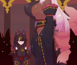 breasts character_request clothing_cutout dark_skin female futanari huge_cock japanese_clothes kemonomimi kitsune kneeling light_skin sideboob smile sweating temple thetenk thighs
