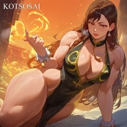 ai_assisted ai_generated big_breasts black_dress brown_hair chun-li clothed dress earrings female female_focus female_only fit_female kotsosai shexyo_(ai_style) street_fighter thick_thighs