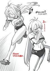 alternate_costume big_breasts breasts buruma female female_only gegege_no_kitarou geta ghost_girl gym_uniform hachimaki kitarou_tanjou_gegege_no_nazo long_hair medama_oyaji_(human) mi_am5 milf monochrome name_tag no_bra running shirt_lift solo sweat sweating underboob very_long_hair