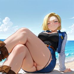 ai_generated android_18 arm_support beach belt blonde_hair blue_eyes blue_sky blush boots breasts brown_footwear cleft_of_venus closed_mouth cloud crossed_legs day denim denim_skirt dragon_ball dragon_ball_z earrings half-closed_eyes jacket jewelry large_breasts long_sleeves looking_at_viewer no_panties ocean open_clothes outdoors pussy sand shirt short_hair sitting skirt sky sleeveless_jacket smile smug solo striped_sleeves torn_clothes twoderrick uncensored water