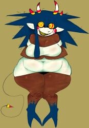 blue_hair chubby chubby_female dark dark-skinned_female dark_skin dark_skinned_female female female_focus female_only horns messy_hair pointy_ears puggerman940 red_pupils solo solo_female solo_focus spinarooz spoon_(puggerman940) tagme tail white_dress yellow_eyes yellow_sclera