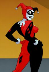 ai_generated batman:_the_animated_series batman_(series) dc dc_comics from_behind harley_quinn harley_quinn_(classic) looking_at_viewer looking_back rear_view solo standing warner_brothers