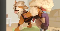anal animal_genitalia animal_penis anus arcanine ass balls bodily_fluids brown_body brown_fur canine_genitalia canine_penis clothed clothing crouching digital_media_(artwork) duo erection feet feral fur generation_1_pokemon genital_fluids genitals hair hat headgear headwear hi_res hindpaw holding_balls human human_on_feral human_rimming_feral human_rimming_male interspecies leaking_precum looking_back looking_pleasured male male/male male_rimming_male mammal multicolored_body multicolored_fur nintendo nude one_leg_up oral orange_body orange_fur paws penis pokemon pokemon_(species) pokephilia precum precum_string raised_leg rimming rimming_male saliva saliva_string sex sheath tail teeth tongue tongue_out twang white_body white_fur zoophilia