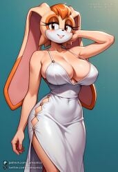 1girl ai_generated animal_ears animal_nose artist_name bangs bare_arms bare_shoulders blush breasts brown_eyes closed_mouth collarbone covered_nipples cumsonics dress eyebrows_visible_through_hair furry furry_female hand_up huge_breasts large_breasts looking_at_viewer metadata_request model_request non-web_source original patreon_username signature simple_background smile solo sonic_(series) standing thick_thighs thighs twitter_username vanilla_the_rabbit watermark white_dress