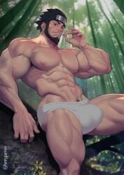 1boy abs armpit_hair balls bamboo_forest bara bara_tiddies bara_tits beard big_bulge big_pecs black_hair blue_headband briefs briefs_only brown_eyes bulge busty busty_male chest_hair cigarette cigarette_in_mouth daddy dilf erect_nipples facial_hair flaccid flaccid_penis forest hairy_armpits hairy_chest hairy_thighs headband huge_bulge human human_only light-skinned_male light_skin looking_at_viewer luxuris male male_chest male_nipples male_only mature mature_male moobs muscles muscular muscular_male muscular_shoulders muscular_thighs naruto naruto_(series) nipples outdoors outside pecs pectorals pubic_hair sarutobi_asuma six_pack smoking smoking_cigarette solo sunlight testicles thick_eyebrows thick_thighs underwear underwear_only veiny_arms veiny_biceps veiny_muscles veiny_thighs white_briefs white_underwear