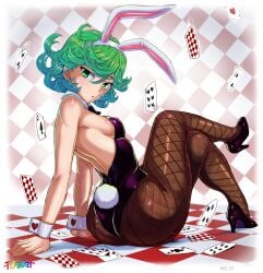 1girls alternate_version_available armwear ass big_ass black_bunnysuit breasts bunny_ears bunny_tail bunnysuit cards color colored crossed_legs fake_animal_ears fake_tail female female_only fishnet fishnet_legwear fishnets footwear green_eyes green_hair hair heels high_heels high_resolution highres leggings legs_crossed legwear looking_back mogudan neckwear one-punch_man short_hair small_breasts solo solo_female tail tatsumaki tisinrei