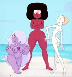 3girls alien alien_girl alien_humanoid amethyst_(steven_universe) beach cartoon_network edit female female_only garnet_(steven_universe) gem_(species) gem_fusion gentlemanpaux looking_at_viewer multiple_girls nude pearl_(steven_universe) public_nudity smooth_skin standing steven_universe