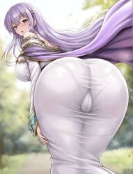 ai_generated ass ass_focus bare_shoulders blush breasts cameltoe dress female fire_emblem from_behind huge_ass julia_(fire_emblem) large_breasts leaning leaning_forward long_hair looking_at_viewer open_mouth pantylines purple_eyes purple_hair shiny shiny_clothes shiny_hair shiny_skin sideboob solo very_long_hair