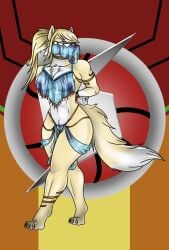alien angry anthro blonde_hair bondage bondage bound canid canine clothing corsac_fox face_veil female fox fox_samus_aran fur hair harem harem_jewelry harem_outfit hi_res jewelry lovemummification mammal metroid metroid_(species) muscular muscular_female nintendo ponytail rope samus_aran solo translucent translucent_clothing true_fox