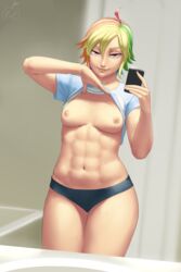 1girls abs ahoge breasts cellphone female friendship_is_magic highres human humanized lvl multicolored_hair muscular_female my_little_pony naughty_face navel nipples panties pink_eyes rainbow_dash_(mlp) selfie shirt_lift short_hair smile smooth_skin solo toned underwear