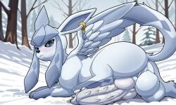 1boy 5:3 animal_genitalia animal_penis ass balls canine_genitalia canine_penis digital_media_(artwork) eeveelution erection fan_character feral generation_4_pokemon genitals glaceon hi_res knot looking_at_viewer male male_glaceon nintendo penile_spines penis pokemon pokemon_(species) presenting presenting_penis sallandril snow solo tail