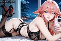 ai_generated arched_back ass_up balcony black_lingeriesee-through_lingerie breasts cherry_blossom doggystyle_pose female from_behind garter_belt genshin_impact high_heels highlighted_curves japanese_room lamp_light large_breasts lingerie_underboob looking_at_viewer money night_view on_all_fours perfect_ass prostitution round_hips seductive_smile selfie sheer_fabric shiny_skin skin_texture slutty_pose smartphone soft_thighs solo_female sweating tatami thighhighs traditional_interior wet_clothing wet_skin whore_eyes yae_miko yae_miko_(genshin_impact)