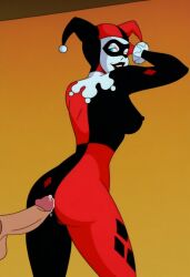 ai_generated batman:_the_animated_series batman_(series) buttjob dc dc_comics from_behind harley_quinn harley_quinn_(classic) looking_at_viewer looking_back penis penis_on_ass precum rear_view warner_brothers