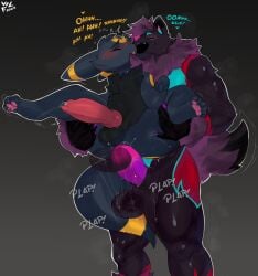 absurd_res anal anal_sex animal_genitalia animal_penis anthro biped canid canine canine_genitalia canine_penis canis closed_eyes dialogue duo eeveelution erection fur generation_2_pokemon genitals heart_symbol hi_res knot male male/male mammal markings nintendo open_mouth pawpads penetration penile penile_penetration penis pokemon pokemon_(species) purple_body purple_fur sex sheath sound_effects standing standing_sex text umbreon vilf wolf yellow_markings