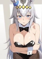 ahoge ai_generated animal_ears blue_eyes bunnysuit embarrassed female grey_hair hair_ornament horse_girl long_hair looking_at_viewer oguri_cap_(umamusume) umamusume umamusume_pretty_derby
