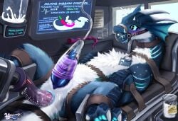 1boy aroused blue_body blue_eyes blue_fur bodily_fluids bondage bound breast_milking chair container cum digital_media_(artwork) dragon english_text erection fantasy feral forced forced_orgasm fur furniture furry genital_fluids glowing glowing_markings harness hi_res hido inside laboratory lactating machine machine_sex male male_only markings medical_fetish milking_machine monitors mythological_creature mythological_scalie mythology naked nude orgasm penile penis_milking restraints scaled scalie science_fiction sex_machine sex_toy solo text tube white_body white_fur wyverness