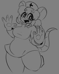 anthro black_eyes blush claws clothing female genitals headgear headwear hi_res lhacedor lorna_(terrible_mouse) mammal monochrome mouse murid murine nurse nurse_clothing nurse_headwear pawpads paws pussy rat rodent smile solo tail teeth terrible_mouse