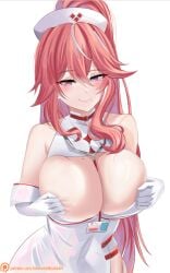 azur_lane blush breasts curvy elbow_gloves female franklin_(azur_lane) franklin_(heart-throbbing_records)_(azur_lane) gigantic_breasts gloves hat huge_breasts immortalboobs large_breasts long_hair mature_female narrowed_eyes nurse nurse_cap official_alternate_costume plump smile white_gloves wide_hips