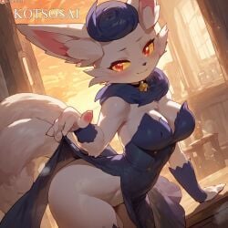 ai_generated anthro blue_dress blue_hair dress dress_lift feline female female_only furry kotsosai medium_breasts meowstic pokemon pokemon_(species) red_eyes shexyo_(ai_style) short_female slim_waist smiling_at_viewer tail thick_ass thick_thighs white_fur yellow_sclera