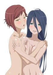 2girls blue_eyes blue_hair blush breasts cassandra_ilion charka daphne_lauros dungeon_ni_deai_wo_motomeru_no_wa_machigatteiru_darou_ka female/female female_focus female_only hugging long_hair multiple_girls nude_female open_mouth red_hair short_hair slim_girl smile yellow_eyes yuri