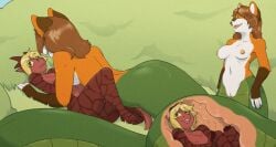 2025 ambiguous_gender anthro apode breasts brown_body brown_hair canid canine countershading draconcopode duo female fox genitals hair hair_over_eye hi_res horn internal julia_(werefox) kobold lamia legless looking_at_viewer mammal multicolored_body nipples nude open_mouth open_smile orange_body outside pussy red_body reptile scalie serpentine smile smiling_at_viewer snake split_form squeaker vore white_body white_countershading willing_prey