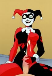 ai_generated batman:_the_animated_series batman_(series) cum dc dc_comics ejaculation from_below harley_quinn harley_quinn_(classic) looking_at_viewer looking_down penis rear_view warner_brothers