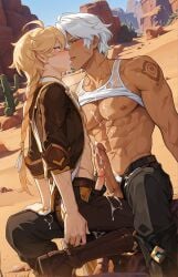 2boys abs aether_(genshin_impact) ai_generated big_penis clothed_male cum cum_dripping_from_penis cum_on_pants daddy desert drooling gay genshin_impact hunk ifa_(genshin_impact) kissing licking_tongue light-skinned_male male male/male male_only muscular_arms muscular_male rubbing_penis_on_penis sitting sitting_on_lap size_difference tan_skinned_male tank_top tattoo twink yaoi