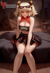 1girls 2d ai_generated ass back bangs bare_shoulders barefoot big_ass big_breasts black_panties blonde_hair burnice_white cleavage dress erophoenix feet female female_focus full_body long_hair looking_at_viewer navel pale_skin pale_skinned_female panties patreon_username red_eyes sitting skirt smile soles solo sports_bra thick thick_thighs toes twintails uncensored underwear zenless_zone_zero