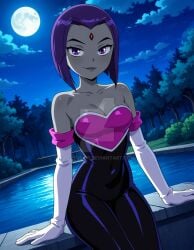 2025 ai_generated black_eyebrows cartoon_network cosplay cosplayer deviantart elryusam forehead_jewel grey_body grey_skin jewel_on_forehead meta not_porn purple_eyes purple_hair raven_(teen_titans) rouge_the_bat rouge_the_bat_(cosplay) sega sonic_the_hedgehog_(series) teen_titans