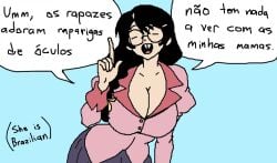 bakemonogatari black_hair blue_background button_down_shirt cleavage dress glasses hanekawa_tsubasa monogatari_(series) nerd nerdy nerdy_female pink_shirt portuguese_text purple_dress round_glasses text text_bubble