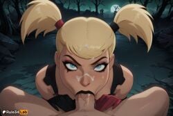 1boy 1boy1girl 1girls :>= ai_generated batman:_arkham_knight batman_(series) black_gloves black_lips blonde_hair blowjob blue_eyes clothed_female_nude_male cum cum_in_mouth dc dc_comics eyelashes eyeliner eyeshadow facial fellatio full_moon gloves halloween harley_quinn harley_quinn_(classic) hi_res injustice_2 lipstick looking_at_viewer makeup mascara moon night oral outdoors penis pov pov_crotch rule34lab runny_makeup short_twintails solo_focus straight tree twintails uncensored veins veiny_penis