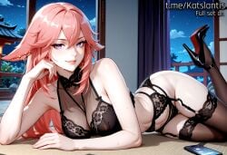 ai_generated arched_back ass_up balcony black_lingeriesee-through_lingerie cherry_blossom doggystyle_pose female from_behind garter_belt genshin_impact high_heels highlighted_curves japanese_room lamp_light large_breasts lingerie_underboob looking_at_viewer money night_view on_all_fours perfect_ass prostitution round_hips seductive_smile selfie sheer_fabric shiny_skin skin_texture slutty_pose smartphone soft_thighs solo_female sweating tatami thighhighs traditional_interior wet_clothing wet_skin whore_eyes yae_miko yae_miko_(genshin_impact)