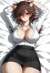 ai_generated black_skirt blush brown_hair cat_ears catgirl cleavage hands_above_head hexd horny_female large_breasts laying_on_back messy_hair office_lady original_character red_eyes submissive_female thick_thighs thighs white_shirt wide_hips