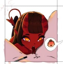 2girls after_cunnilingus ass body_writing cunnilingus dark_hair demon_girl demoness digital_drawing_(artwork) female female/female female_only freakface horn long_hair looking_at_another marker meru_(merunyaa) meruccubus_(merunyaa) orgasm original_character pussy pussy_juice pussy_juice_drip red_skin saliva saliva_trail tail thighhighs thighs tongue_out wet_pussy yellow_eyes yuri
