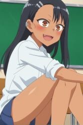 :d ai_generated black_hair blush brown_eyes chalkboard classroom dark_skin female hair_ornament hairclip long_hair oerba_yun_fang open_mouth shirt sitting skin_fang smile solo white_shirt