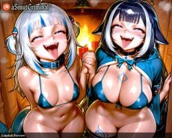 ai_generated asmutcriminal fox_girl fox_tail gawr_gura hair_ornament heart_pasties heart_tattoo hololive hood hoodie indie_virtual_youtuber indoors leg_tattoo long_hair looking_at_viewer maebari medium_hair mole multicolored_hair multiple_girls navel open_mouth pasties pointy_ears pubic_tattoo purple_eyes saliva shark_costume shark_girl shark_hair_ornament shark_hood shark_tail sharp_teeth shylily silver_hair skindentation smile streaked_hair swimsuit tagme tail tattoo teeth tongue tongue_out tongue_piercing two-tone_hair two_side_up uvula virtual_youtuber white_hair