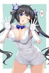 black_hair blue_eyes breasts cleavage dress dungeon_ni_deai_wo_motomeru_no_wa_machigatteiru_darou_ka female gloves hair_ornament hair_ribbon hestia_(danmachi) large_breasts long_hair long_twintails nakano_sora one_eye_closed rei_no_himo ribbon solo tied_hair twintails