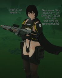 1boy 3d 3d_(artwork) abs angry annoyed annoyed_expression armor big_ass bikini_armor bulge bulge_through_clothing cape curvy dark_hair dialogue femboy fit fit_male flat_chest gay glossy glossy_body gloves gun helldiver_(helldivers) helldivers helldivers_2 holding_gun koikatsu liberty_(tightertemp) light-skinned_male light_skin looking_at_viewer male male_only military oiled_skin orange_eyes outside pasties penis pissed_off question rifle scar scar_on_face scars shaved_crotch skimpy_armor string_bikini thick_thighs thighhighs thong thong_bikini tightertemp twink