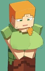 accurate_art_style alex_(minecraft) big_breasts breasts female female_focus female_only ginger ginger_hair green_eyes minecraft mojang nervous nervous_sweat solo solo_female solo_focus spinarooz square_head sweat sweatdrop tagme