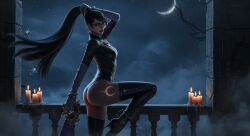 1girls 3d bayonetta bayonetta_(character) black_hair blue_eyes candle clothed clothing earrings eyewear female female_only glasses gun high_heels holding_gun holding_weapon leshay7 light-skinned_female light_skin long_hair night_sky solo standing_on_one_leg tagme