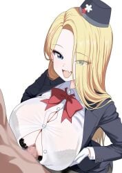 1boy absurdres black_bra blonde_hair blue_archive blue_eyes blue_jacket blue_skirt bra breasts censored commentary_request female hat highres jacket large_breasts mini_hat mosaic_censoring myapanpan oerba_yun_fang official_alternate_costume open_mouth paizuri paizuri_under_clothes pina_(blue_archive) pina_(guide)_(blue_archive) shirt simple_background skin_fang skirt straight underwear white_background white_shirt