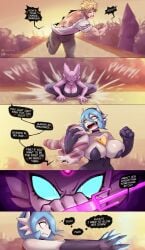 1boy 2girls alex_(gammainks) angry_face big_breasts blonde_hair blue_eyes blue_hair cat_ears comic dialogue dialogue_bubble eeveelution english english_text espeon fight forehead_jewel gammainks generation_2_pokemon generation_3_pokemon green_eyes hi_res jeans mandy_(gammainks) mega_gardevoir nintendo no_sex piercing pokemon pokemon_(species) purple_fur shiny_pokemon shocked_expression sweater sword torn_clothes vanessa_(gammainks) yellow_eyes