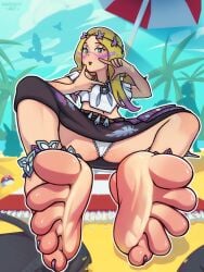 barefoot beach beach_umbrella blonde_hair digital_media_(artwork) facepaint feet feet_focus flip_flops foot_fetish foot_focus game_freak green_eyes mina_(pokemon) nail_polish painted_nails painted_toenails panties pokeball pokemon pokemon_sm sand sandals sandals_removed showing_panties wardeotart