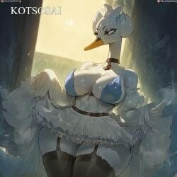 ai_assisted ai_generated anthro beak bird choker dress furry hourglass_figure kotsosai medium_breasts pokemon pokemon_(species) shexyo_(ai_style) shoulders skirt_lift swanna thick_thighs thighhighs wide_hips winged_arms yellow_eyes