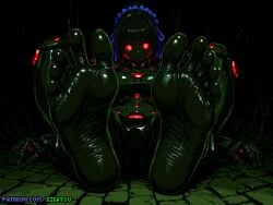 ai_generated android dark_theme dungeon feet foot_fetish foot_focus gigatsu glowing_eyes maid maid_headdress pixel_art robot robot_girl sole_female soles toes