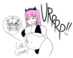 bangs bayaverse belly belly_button big_belly bikini bikini_bottom bikini_top black_and_white black_and_white_and_red black_bikini burp burping calliope_mori calliope_vori crown dizzy dizzy_eyes dragon_horns gigantic_breasts hololive hololive_english hololive_myth horns huge_breasts kanna_kobayashi large_belly mori_calliope no_shading onomatopoeia pink_hair pointy_ears red_eyes round_belly tiara tight_bikini tight_bra vore