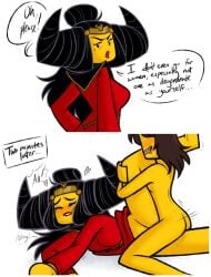black_hair black_hair_female bottomless bottomless_female degeneracy degradation degrading demoness dialogue dirty_platypi domination domination/submission down_bad drool femdom fucked_into_submission fucking_good_and_hard grinding grinding_pussy lego lego_monkie_kid lesbian_domination lesbian_focus lesbian_sex lustful_energy lustful_expression nude_female original_character princess_iron_fan pussy_grinding sapphic submission text text_box text_bubble time_skip villainess villainess_sub yuri
