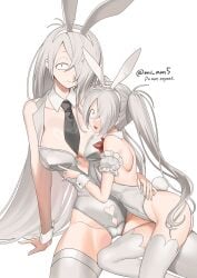 2girls age_difference aged_down big_breasts breast_size_difference bunny_ears bunny_tail bunnysuit dual_persona female female_only gegege_no_kitarou genderswap_(mtf) ghost_girl hair_over_one_eye kitarou_tanjou_gegege_no_nazo long_hair looking_at_viewer medama_oyaji_(human) mi_am5 necktie pale-skinned_female pale_skin playboy_bunny rule_63 sitting small_breasts thighhighs twintails very_long_hair white_hair white_legwear white_thighhighs