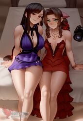2d 2girls aerith_gainsborough ai_generated ass barefoot big_ass big_breasts blush bra couch dress erophoenix feet female female_focus final_fantasy final_fantasy_vii final_fantasy_vii_rebirth final_fantasy_vii_remake indoors jewelry large_breasts long_hair multiple_girls naked navel panties patreon_username purple_bra purple_panties red_bra red_eyes red_panties sitting small_breasts smile soles sweat sweating thick_thighs thighs tifa_lockhart underwear yuri yuri